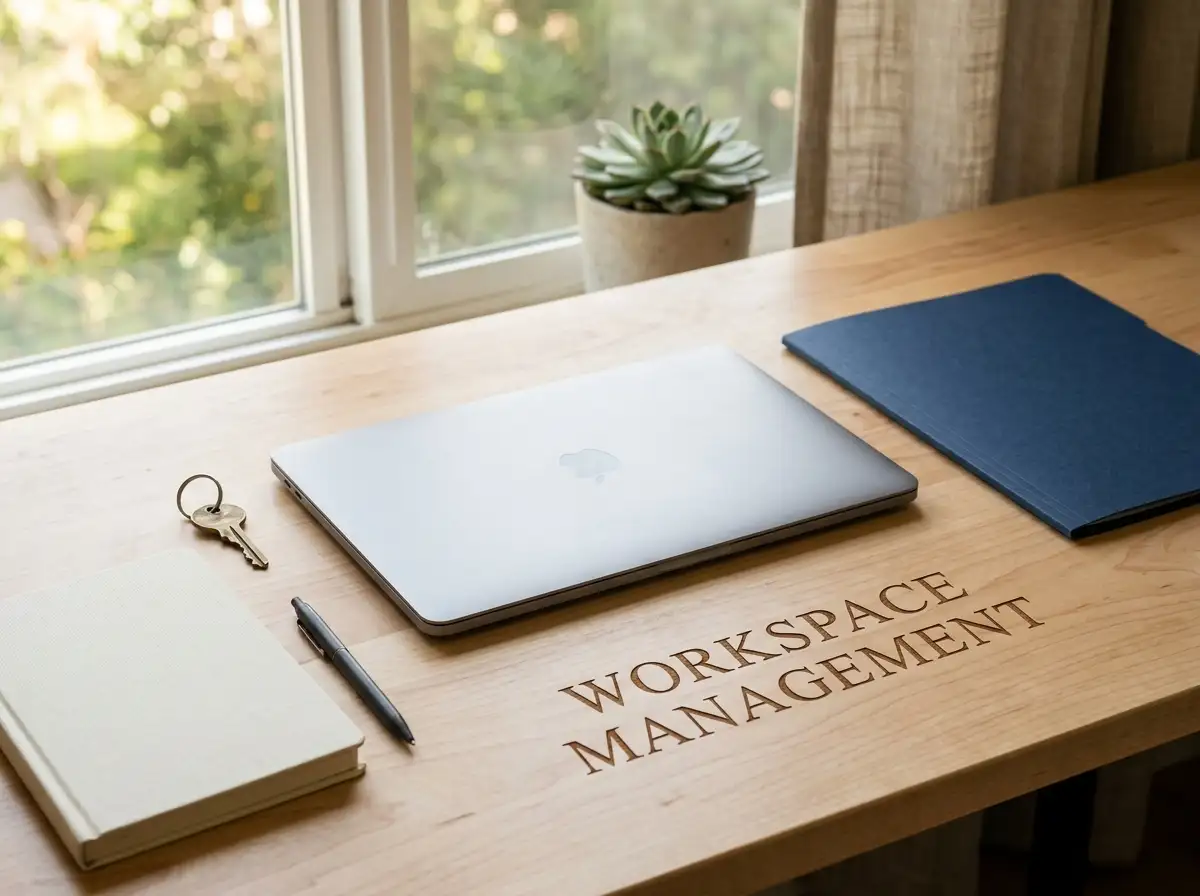 A blank notebook beside a closed laptop, a key and an unmarked paper folder on a light desk