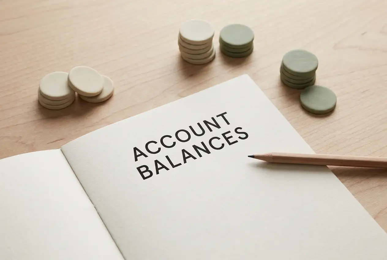 Plain tokens and blank balance slips laid out beside a pencil on a desk