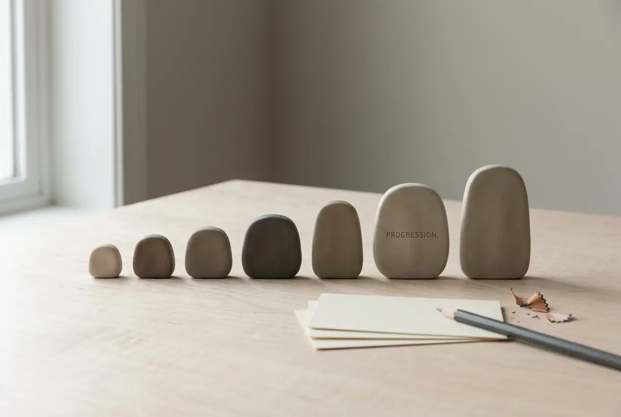 Six ascending unmarked ceramic forms beside blank ledger cards on a pale wooden surface