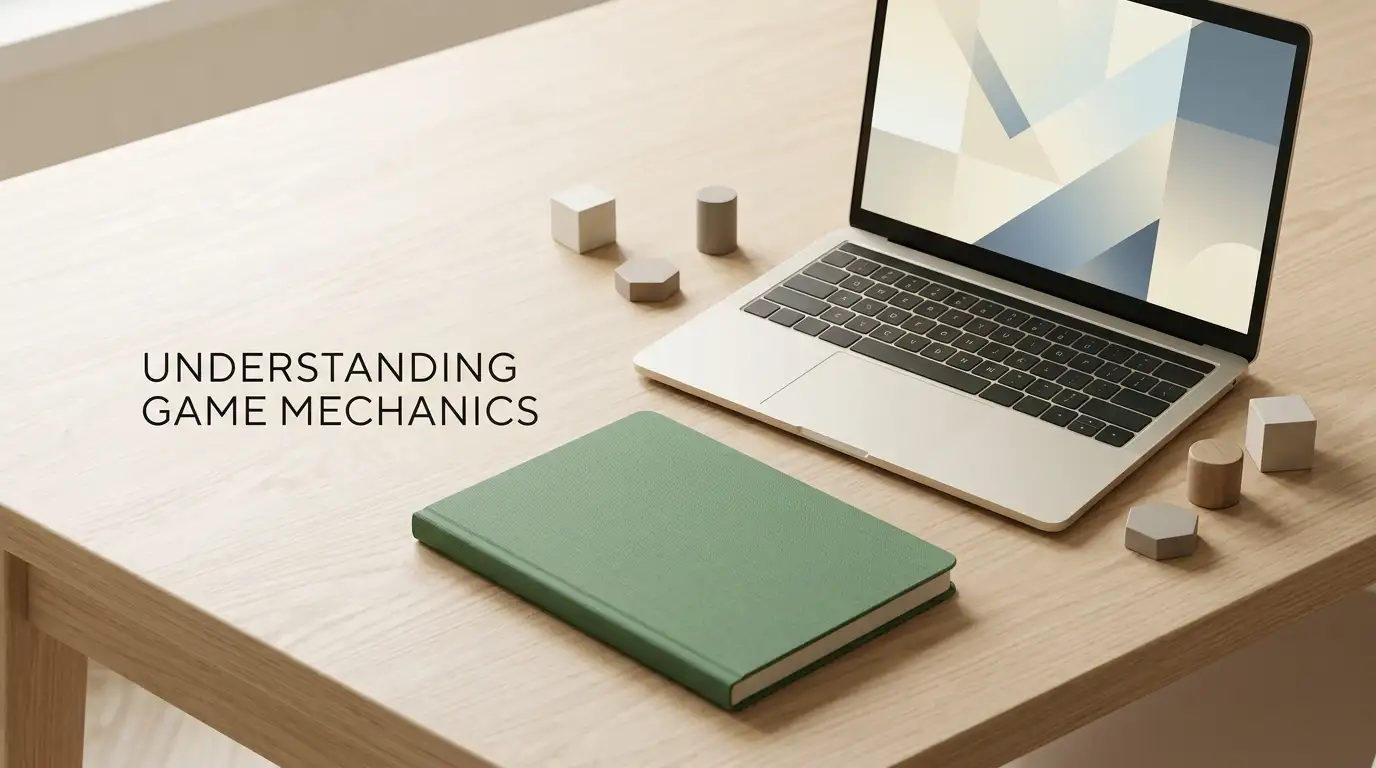 A laptop beside plain game pieces and a closed notebook on a wooden desk