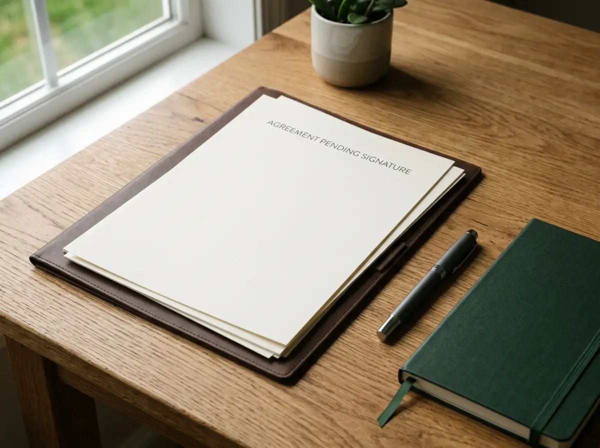 A tidy folder of plain contracts, a pen and a closed notebook on a wooden desk