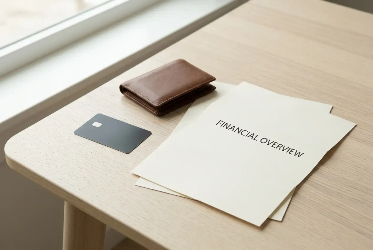 An unmarked payment card beside a blank bank statement and a plain closed wallet