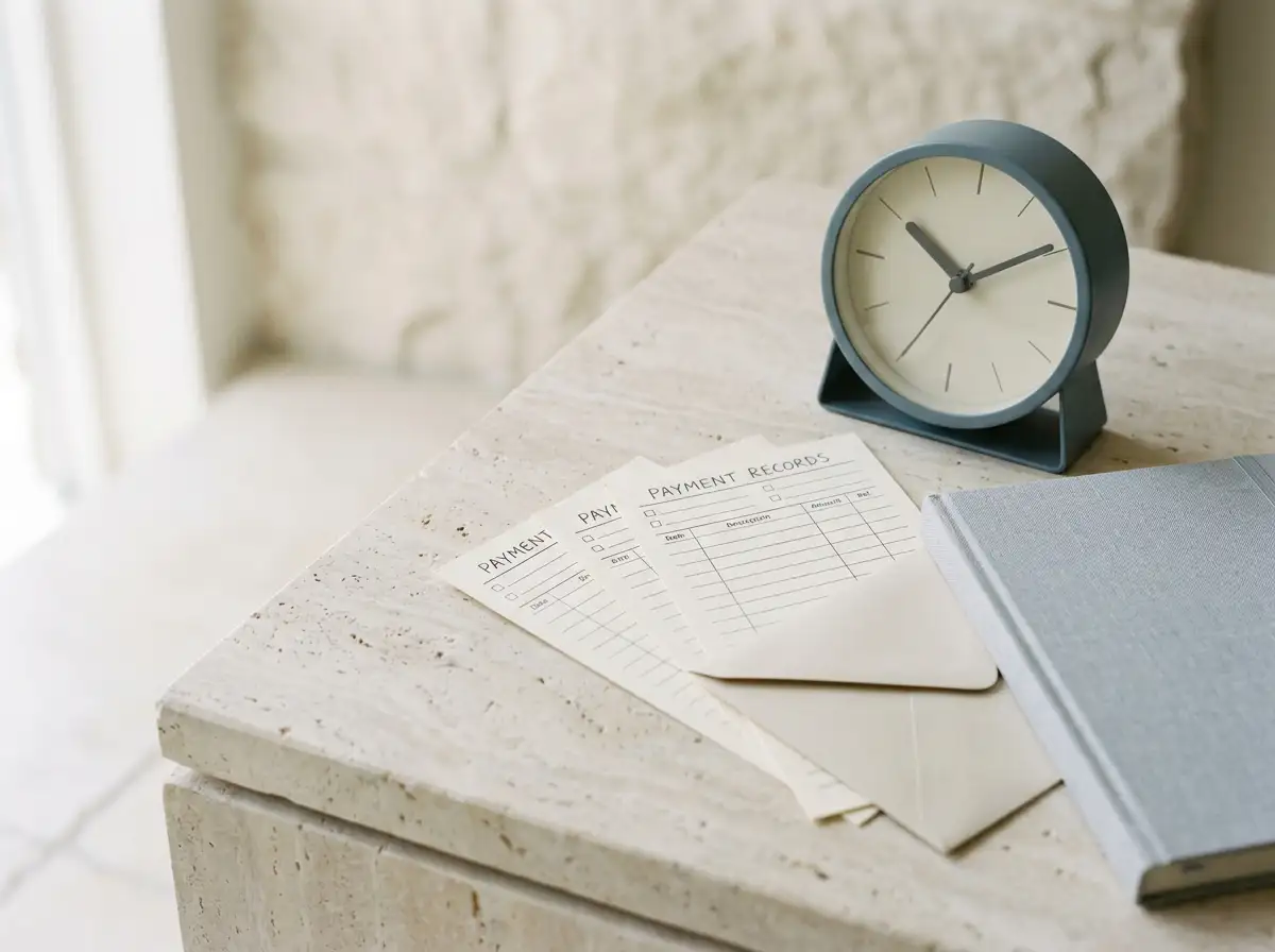 A plain clock beside blank transfer receipts and a closed notebook on a light desk